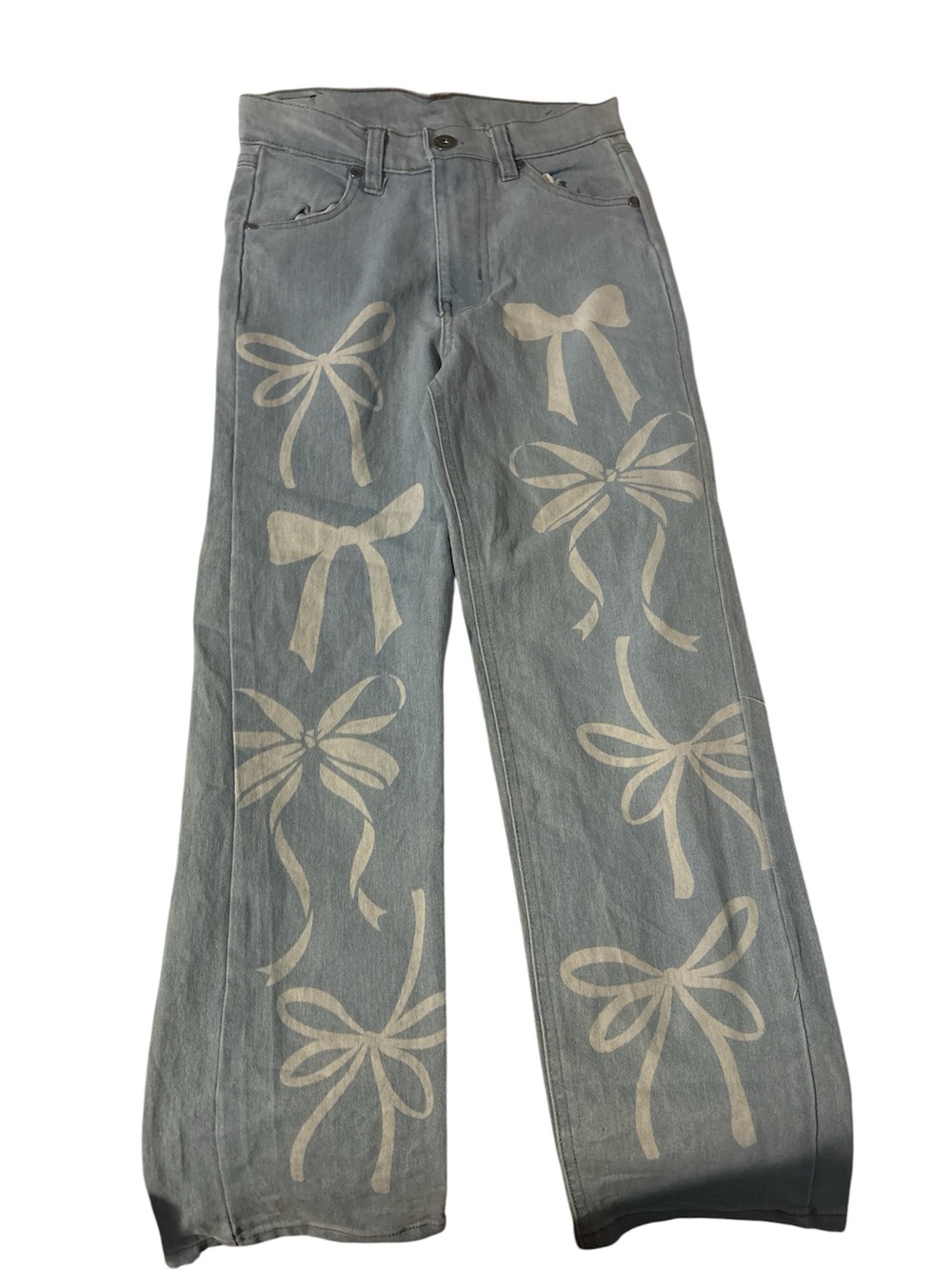 Velvet Light Blue Wide-Leg Jeans with White Bow Motif